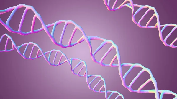 Bu sahnede, DNA molekülleri mikroskop altında mor bir arka planda incelenir. Moleküler biyoloji ve biyoteknoloji kavramı, deoksiribonükleik asit genomları. 3B görüntüleme.