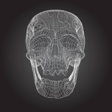 Kafatası İnsan, Korkunç, Beyaz Çizgiler 'de yerel deforme olmuş siyah arka plan, ön görüş, geometrik çokgen kafatası çizgisi sanatı. Vektör İllüstrasyonu
