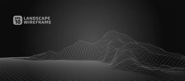 Grafik tarzında soyut bir kablo çerçevesi arkaplanı. 3D ağ teknolojisinin manzara çizimi, siyah arkaplandaki ışık çizgileri. Dağlarda vadileri olan dijital siber uzay. EPS10 vektörü.