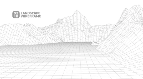 Grafik tarzında soyut bir kablo çerçevesi arkaplanı. Teknoloji örgü 3D 'nin peyzaj çizimi, beyaz arkaplanda koyu çizgiler. Dağlarda vadileri olan dijital siber uzay. EPS10 vektörü.