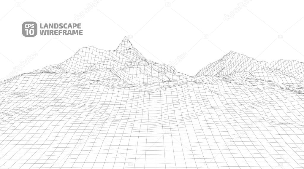 Abstract wireframe background in a graphic style. Landscape illustration of technology mesh 3D, dark lines on a white background. Digital cyberspace in mountains with valleys. EPS10 vector.