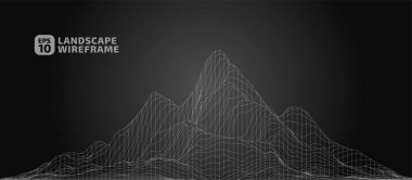 Grafik tarzında soyut bir kablo çerçevesi arkaplanı. 3D ağ teknolojisinin manzara çizimi, siyah arkaplandaki ışık çizgileri. Dağlarda vadileri olan dijital siber uzay. EPS10 vektörü.