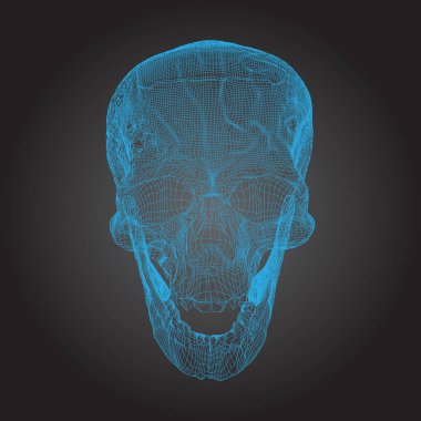 Kafatası İnsan, Korkunç, Mavi 'de lokal deforme olmuş siyah arka plan, ön görüş, geometrik çokgen kafatası çizgisi sanatı. Vektör İllüstrasyonu