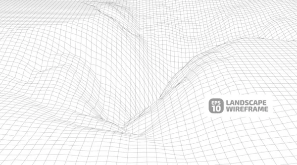 Grafik tarzında soyut bir kablo çerçevesi arkaplanı. Teknoloji örgü 3D 'nin peyzaj çizimi, beyaz arkaplanda koyu çizgiler. Dağlarda vadileri olan dijital siber uzay. EPS10 vektörü.