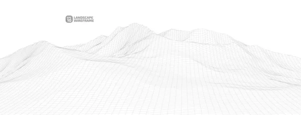Grafik tarzında soyut bir kablo çerçevesi arkaplanı. Teknoloji örgü 3D 'nin peyzaj çizimi, beyaz arkaplanda koyu çizgiler. Dağlarda vadileri olan dijital siber uzay. EPS10 vektörü.
