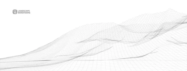 Grafik tarzında soyut bir kablo çerçevesi arkaplanı. Teknoloji örgü 3D 'nin peyzaj çizimi, beyaz arkaplanda koyu çizgiler. Dağlarda vadileri olan dijital siber uzay. EPS10 vektörü.