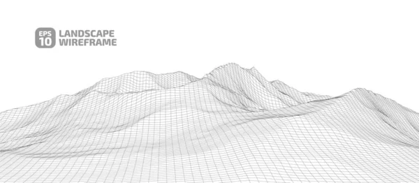 Grafik tarzında soyut bir kablo çerçevesi arkaplanı. Teknoloji örgü 3D 'nin peyzaj çizimi, beyaz arkaplanda koyu çizgiler. Dağlarda vadileri olan dijital siber uzay. EPS10 vektörü.