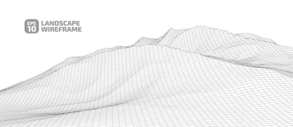 Grafik tarzında soyut bir kablo çerçevesi arkaplanı. Teknoloji örgü 3D 'nin peyzaj çizimi, beyaz arkaplanda koyu çizgiler. Dağlarda vadileri olan dijital siber uzay. EPS10 vektörü.