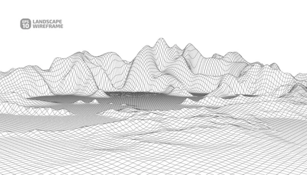 Grafik tarzında soyut bir kablo çerçevesi arkaplanı. Teknoloji örgü 3D 'nin peyzaj çizimi, beyaz arkaplanda koyu çizgiler. Dağlarda vadileri olan dijital siber uzay. EPS10 vektörü.