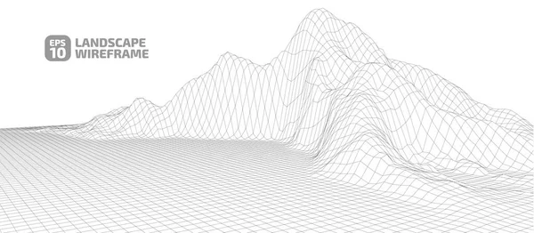 Grafik tarzında soyut bir kablo çerçevesi arkaplanı. Teknoloji örgü 3D 'nin peyzaj çizimi, beyaz arkaplanda koyu çizgiler. Dağlarda vadileri olan dijital siber uzay. EPS10 vektörü.