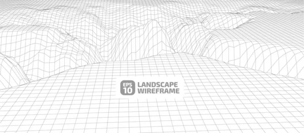Grafik tarzında soyut bir kablo çerçevesi arkaplanı. Teknoloji örgü 3D 'nin peyzaj çizimi, beyaz arkaplanda koyu çizgiler. Dağlarda vadileri olan dijital siber uzay. EPS10 vektörü.