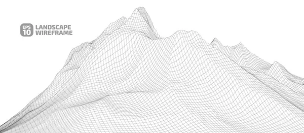 Grafik tarzında soyut bir kablo çerçevesi arkaplanı. Teknoloji örgü 3D 'nin peyzaj çizimi, beyaz arkaplanda koyu çizgiler. Dağlarda vadileri olan dijital siber uzay. EPS10 vektörü.