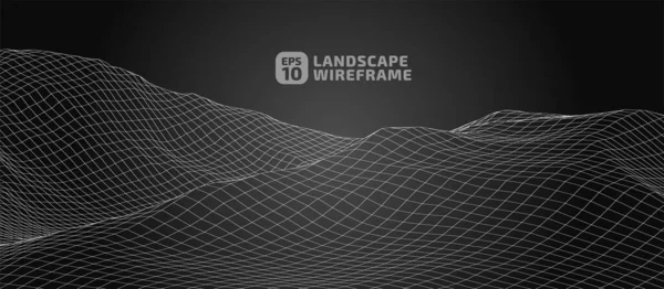 Grafik tarzında soyut bir kablo çerçevesi arkaplanı. 3D ağ teknolojisinin manzara çizimi, siyah arkaplandaki ışık çizgileri. Dağlarda vadileri olan dijital siber uzay. EPS10 vektörü.
