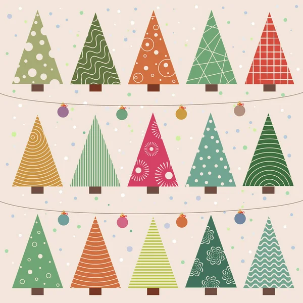 Vectorset Kerstbomen Abstract Winter Achtergrond Met Dennenbomen Decoraties — Stockvector