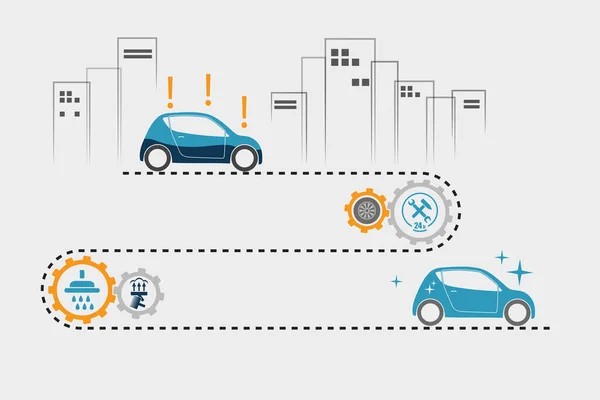 Conceptuele Illustratie Van Het Wassen Repareren Van Een Auto Stad — Stockvector