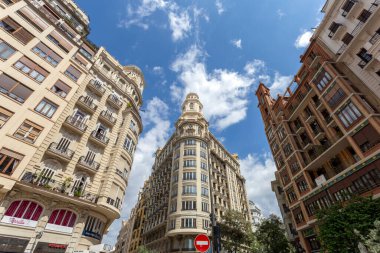 Valencia, Spain - 05 05 2022: Plaza del Ayuntamiento city aquare in Valencia, Spain on a sunny spring day.