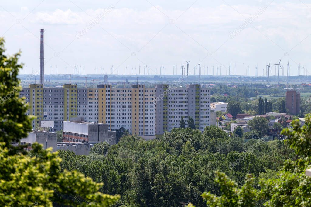 Bratislava, Slovakia - 05 21 2022: View of Bratislava's commie blocks from the castle hill.