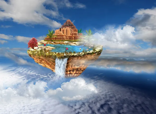 Ancient temple on flying island in sky — Stock Photo, Image