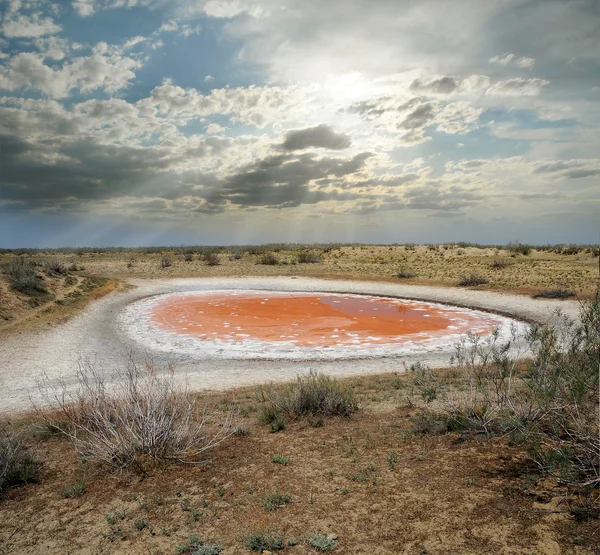 Pequeno lago redondo vermelho na estepe — Fotografia de Stock