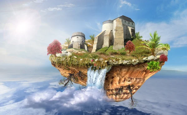 Castle on the flying island in sky — Stock Photo, Image