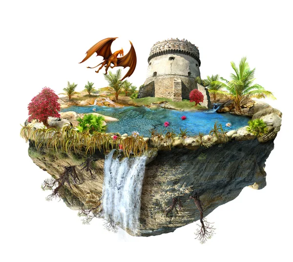 Island with a dragon and tower castle — Stock Photo, Image