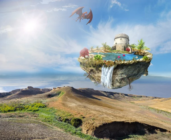 Island dragon flying over a mountain landscape — Stock Photo, Image