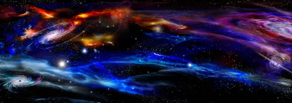 Space landscape. Panoramic space view of red violet nebulae on a space background. Art concept