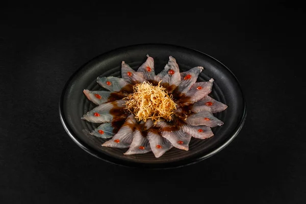 Fish Carpaccio Sweet Potato Straws Black Plate Black Background Top — Stock Fotó