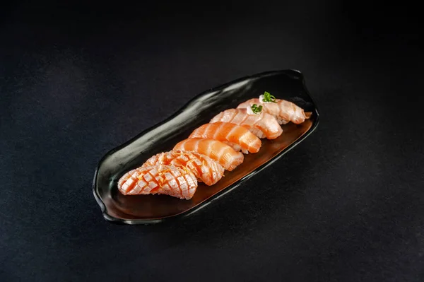 Truffle Salmon Onigiri Salmon Onigiri Blowtorcherd Salmon Onigiri Black Background — Stock Fotó