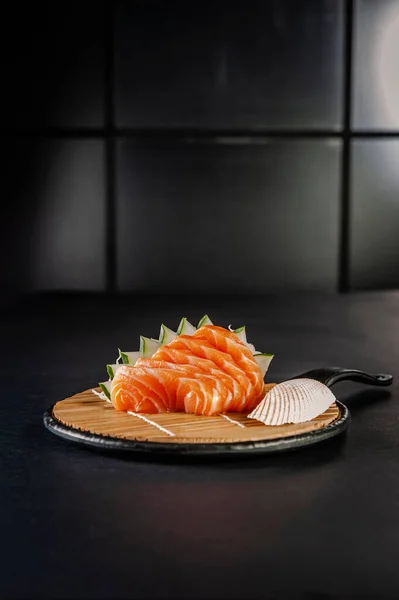 Salmon Sashimi Black Background — Stok fotoğraf