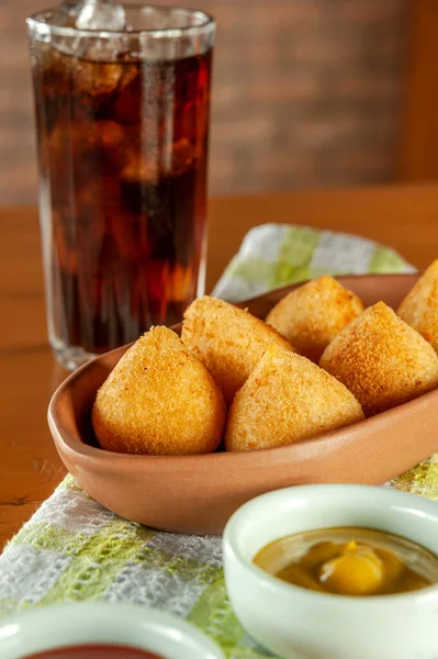 Fried Brazilian Croquettes Coxinha Frango Iced Soda Kitchen Bricks Wall —  Fotos de Stock