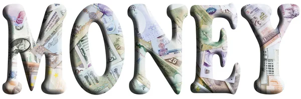 3D финансы слова с валютным фоном — стоковое фото