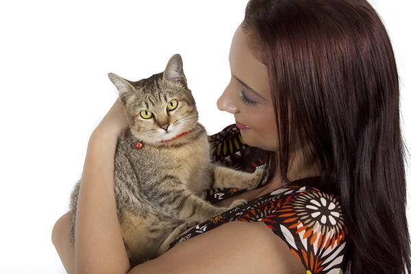 Кот и молодая женщина — стоковое фото