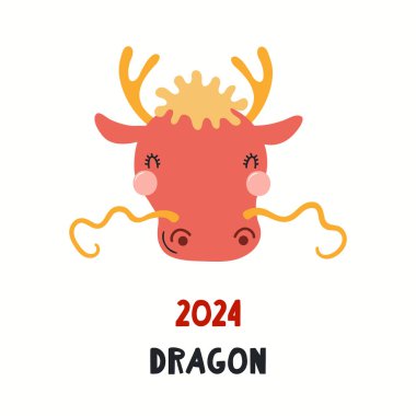 Asya burcunun düz stili çizilmiş şirin çizgi film ejderhası resmi, astrolojik sembol, beyaz arka planda izole edilmiş. El çizimi vektör çizimi. Düz stil tasarım. 2024 Çin Yeni Yıl kartı 