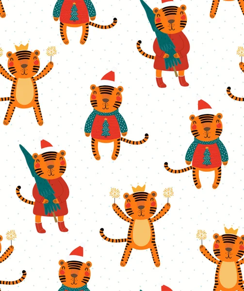 Симпатичные рождественские тигры, горошек плавный узор — стоковый вектор