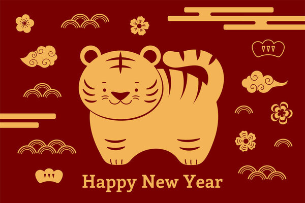 2022 Lunar New Year cute tiger design, gold on red