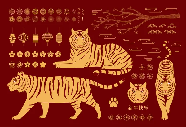 2022 Año Nuevo chino tigres, colección de elementos — Vector de stock