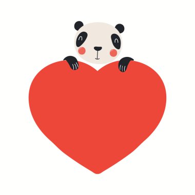 Cute funny panda holding a big heart, isolated