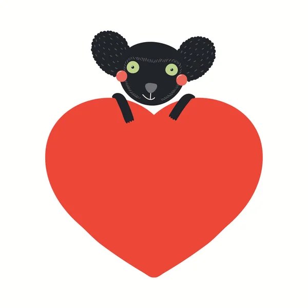 Χαριτωμένο αστείο lemur indri κρατώντας μια μεγάλη καρδιά — Διανυσματικό Αρχείο