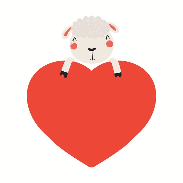 Cute funny lamb holding a big heart, isolated — Image vectorielle