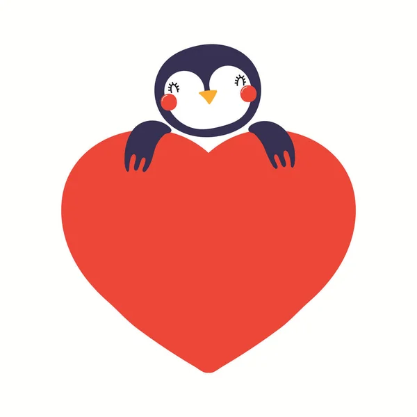 Aranyos vicces pingvin kezében egy nagy szív, elszigetelt — Stock Vector