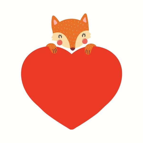 Cute funny fox holding a big heart, isolated — 스톡 벡터