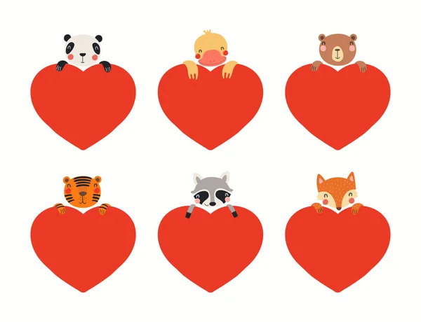 Collection of cute animals holding big hearts — Vettoriale Stock