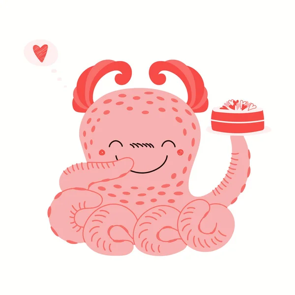 Söt rosa monster håller en tårta med hjärtan — Stock vektor