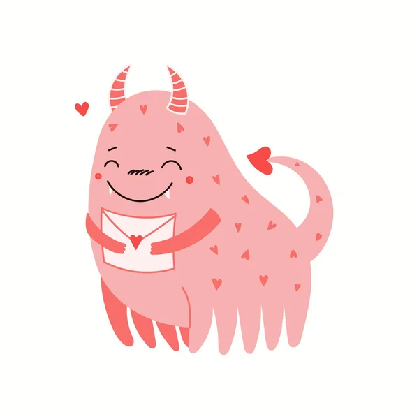 Cute pink monster holding a love letter, isolated — ストックベクタ