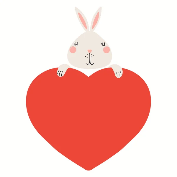 Cute funny rabbit holding a big heart, isolated — Stock Vector