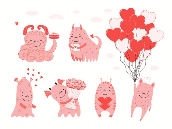 Collection of cute pink monster, hearts, isolated