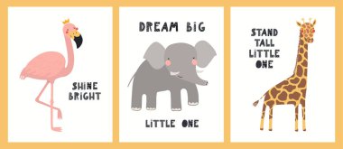 Şirin tropik hayvanlar posterler, kart koleksiyonu.