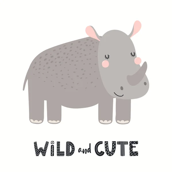 Lindo rinoceronte divertido, cita de letras, aislado — Vector de stock