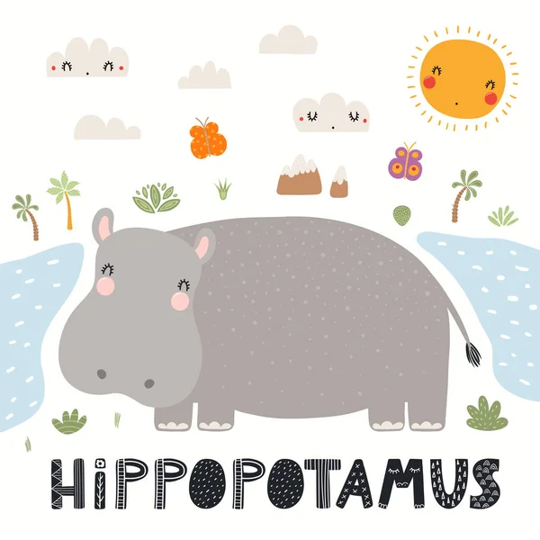 Lindo divertido hipopótamo, paisaje africano — Vector de stock